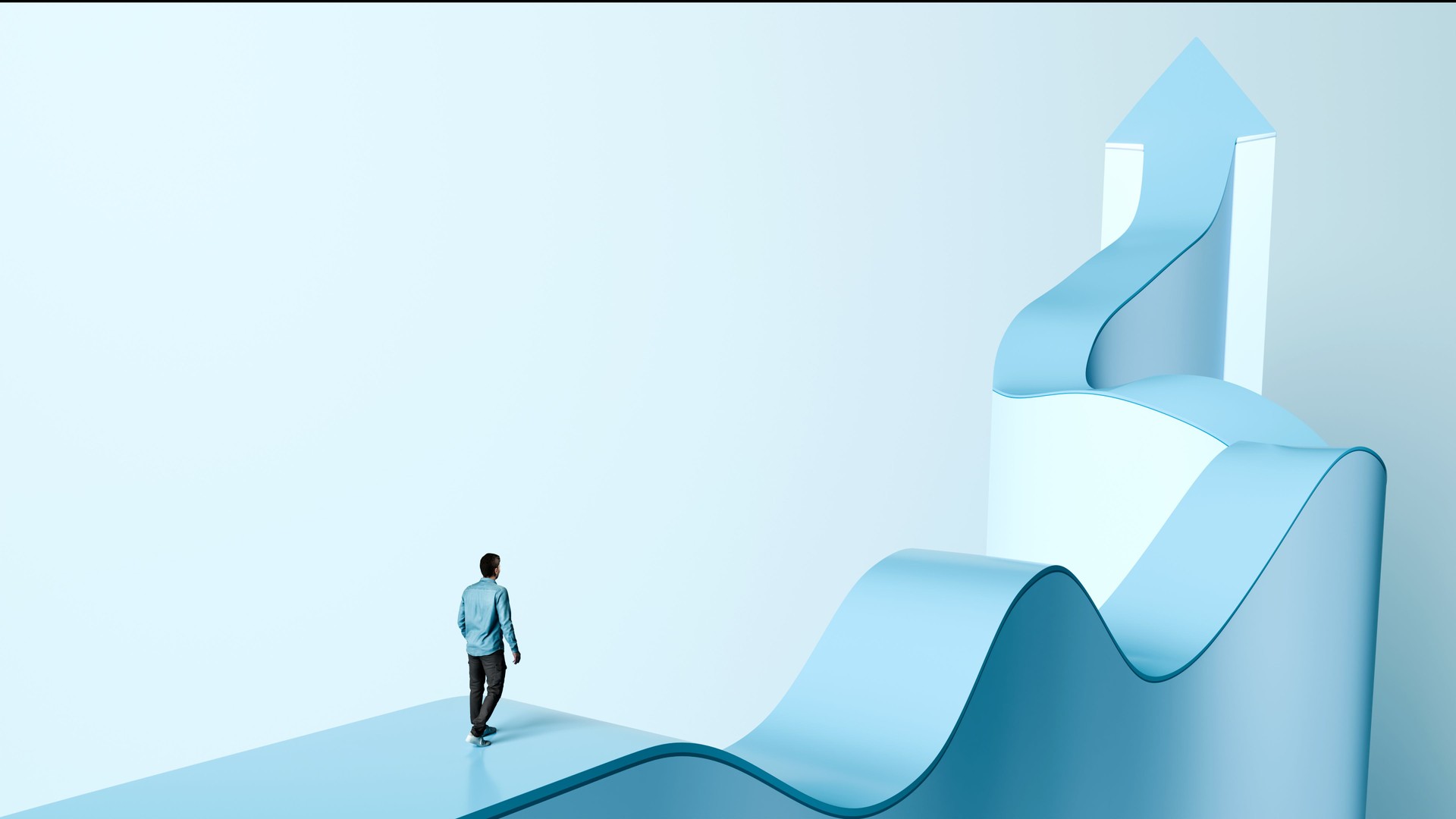 Man Walking on Rising and Falling Road with Up Arrow  Business Challenges and Success, 3D Render